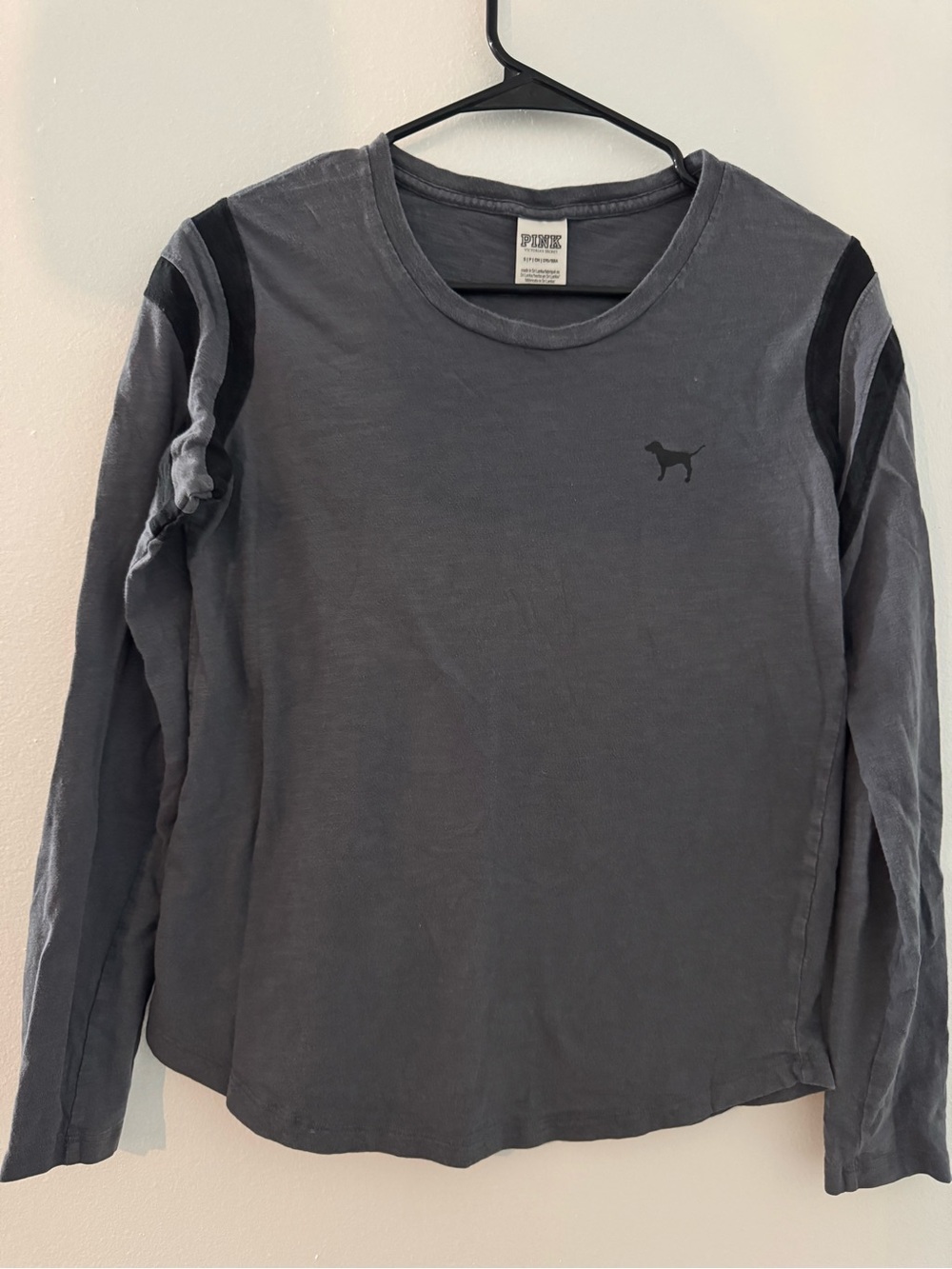 PINK Victoria's Secret Charcoal Grey Long Sleeve Tee with Black Accents